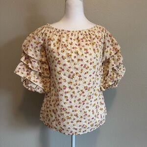 CeCe Floral‎ Eyelet Ruffle Sleeve Top - XS Pink/Cream Cottagecore